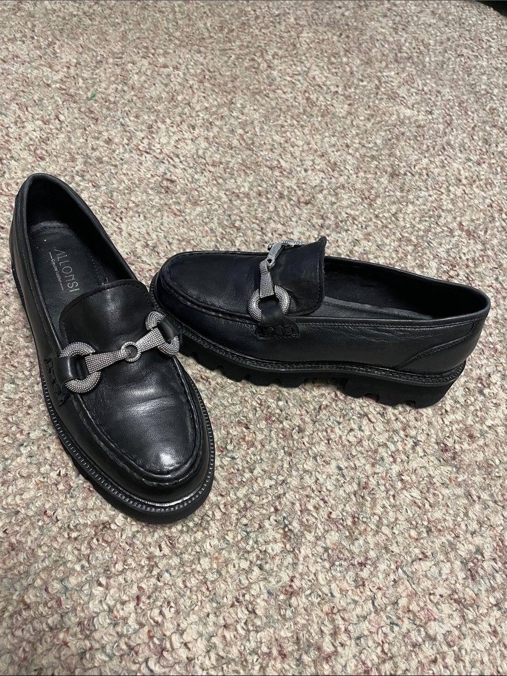 Allonsi Black lug sole Leather Loafers with Silver horseBit Hardware